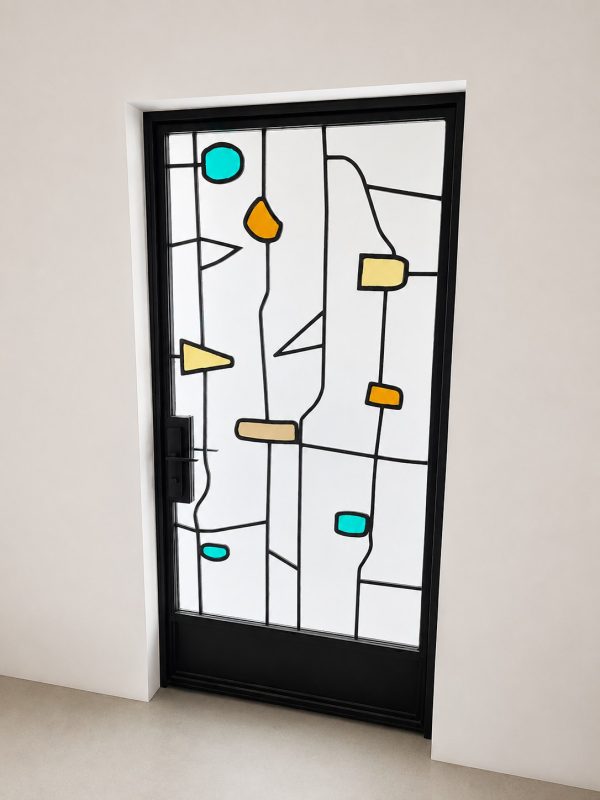Artsy Wine Room Door Artsy wine room door with hand-colored glass in a black metal frame