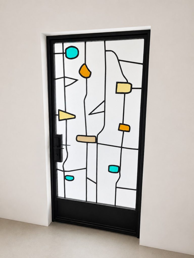 Artsy wine room door with hand-colored glass in a black metal frame