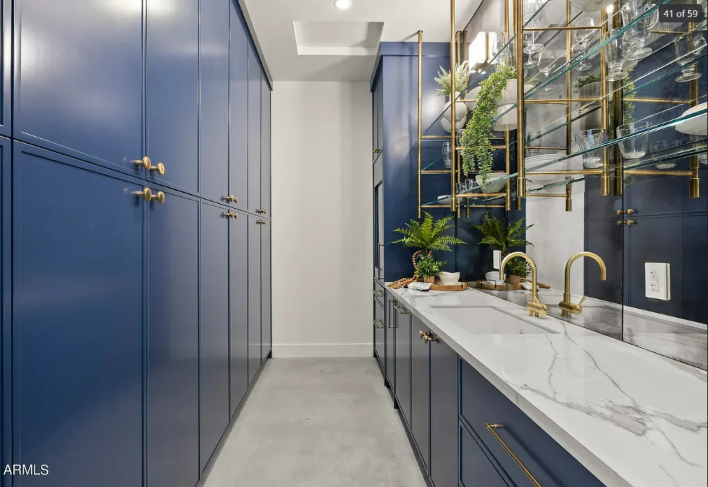custom brass bistro and glass shelves in a butler's pantry