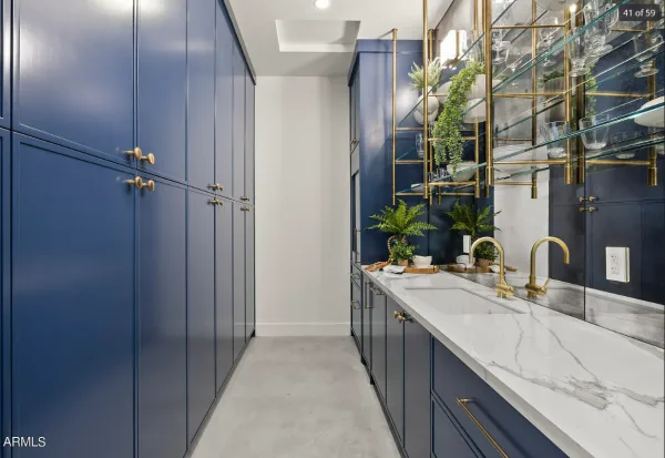 custom brass bistro and glass shelves in a butler's pantry