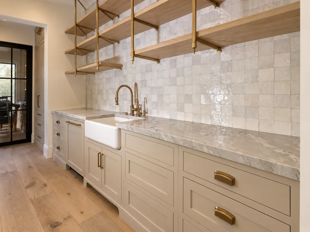 long bistro brass and white oak shelves
