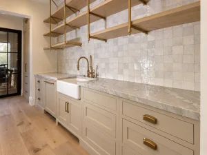 long bistro brass and white oak shelves