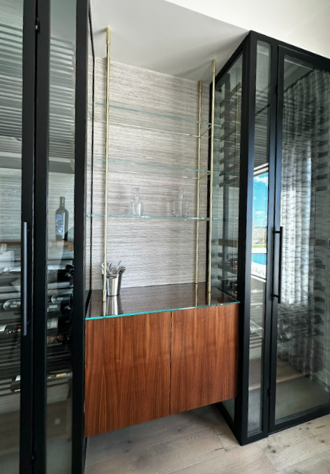 brass bistro shelf unit and shelves with custom cabinet
