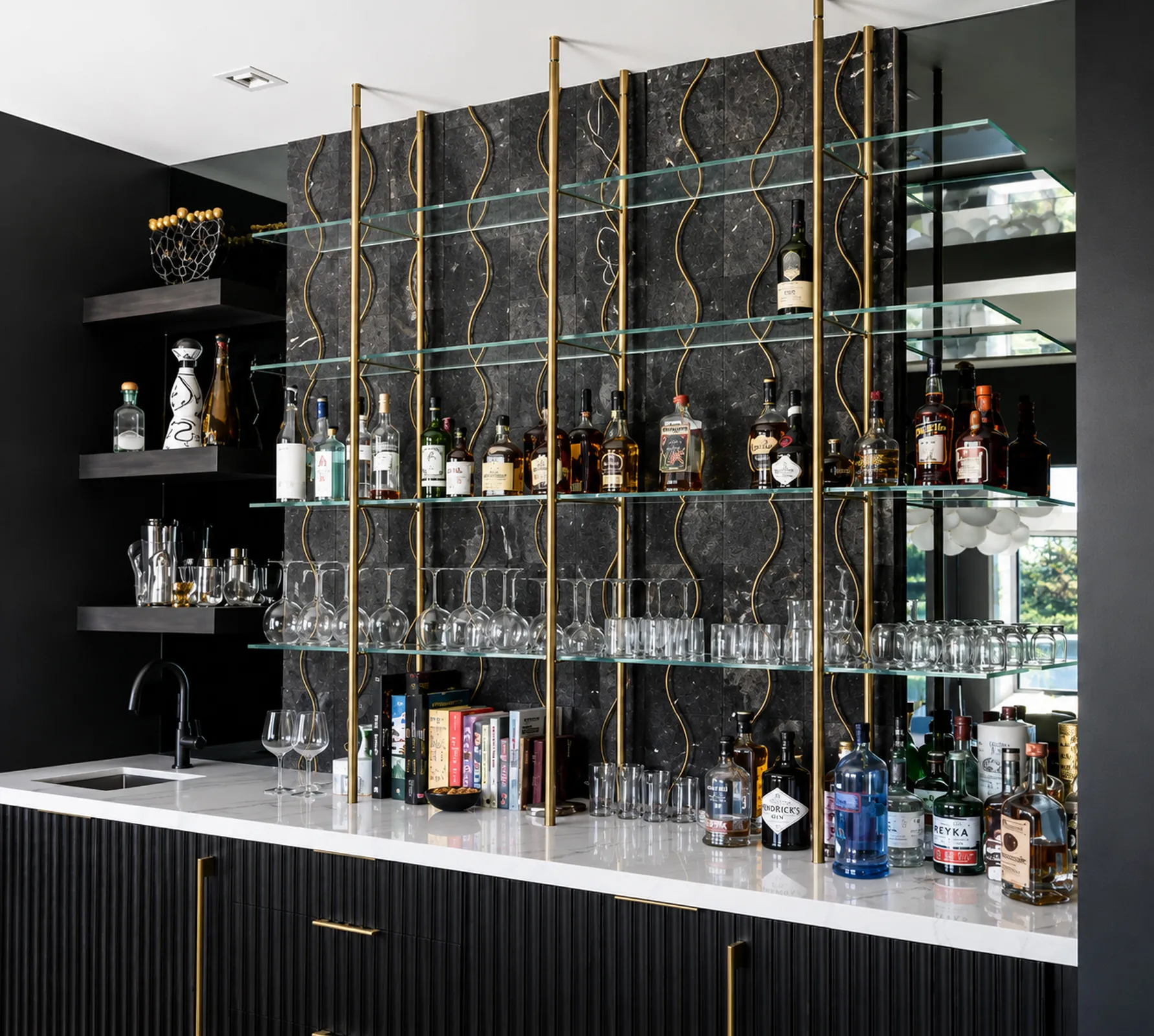 Brass bistro shelving with starphire glass shelves for a home bar
