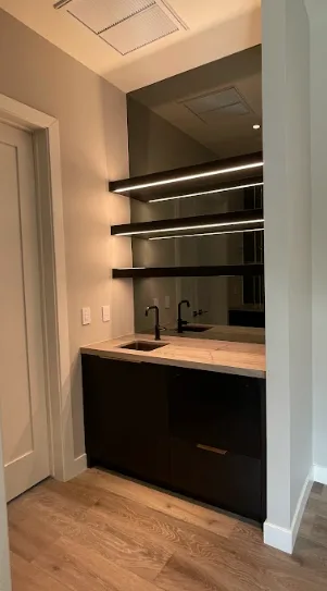 wood shelves with LED lighting