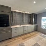 Ceiling Mounted Brass and Glass Shelves