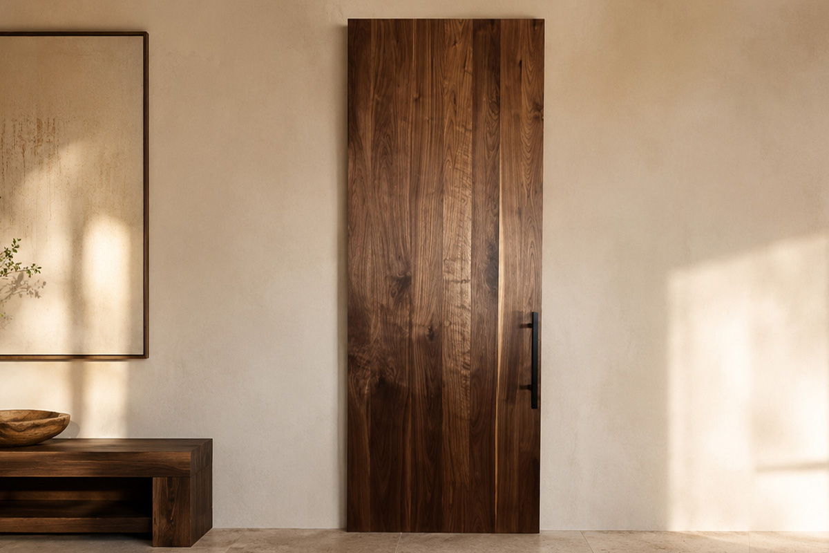 Concealed track sliding walnut barn door in a hallway