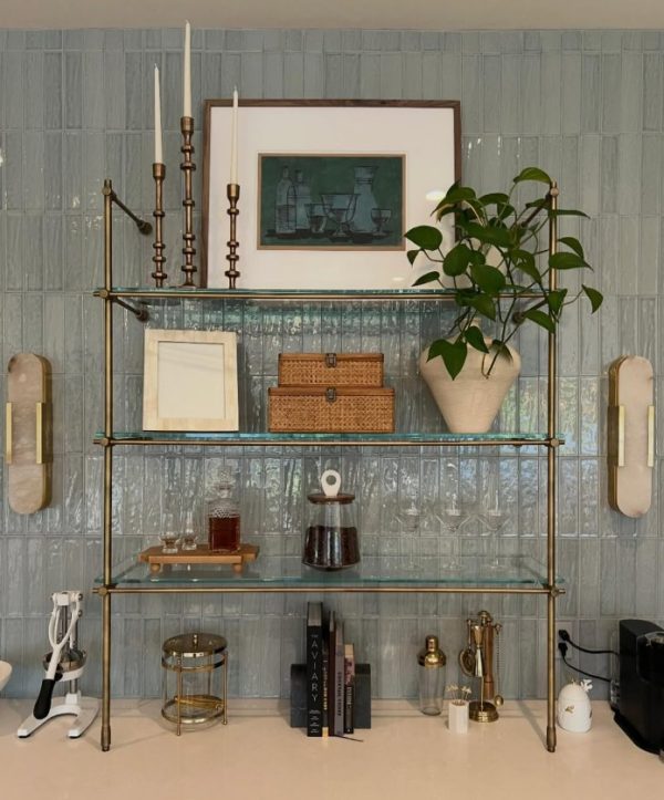 countertop brass bistro unit with glass shelves