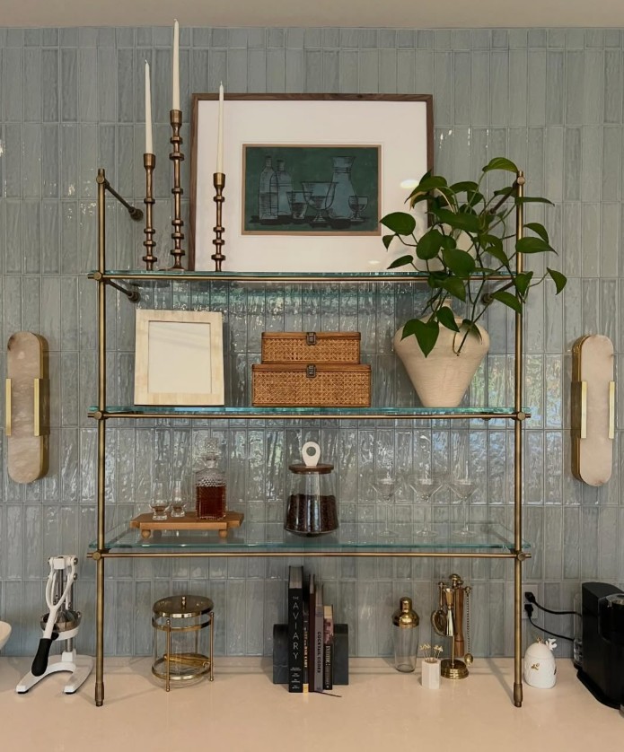 countertop brass bistro unit with glass shelves