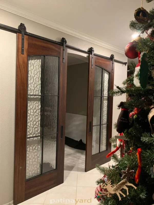 Custom Double Mahogany Wood and Glass Barn Doors mahogany wood glass and metal barn door