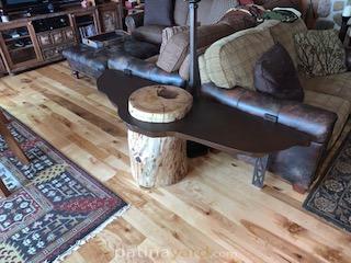 log side table with patina metal