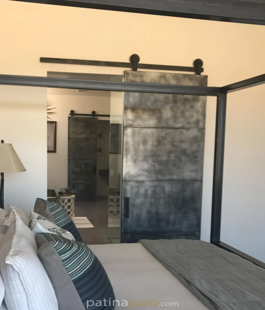 patina zinc barn door and custom hardware