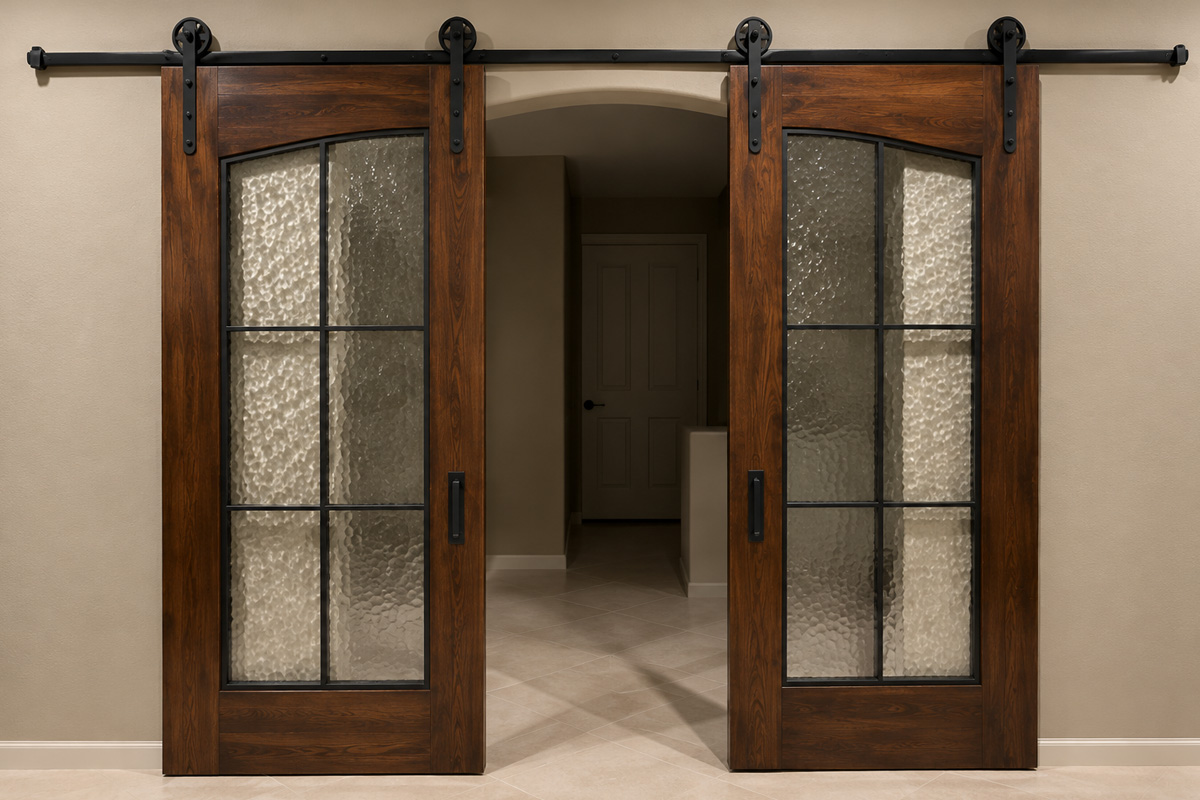 Double stained wood barn doors with arched textured glass panels and black steel frames