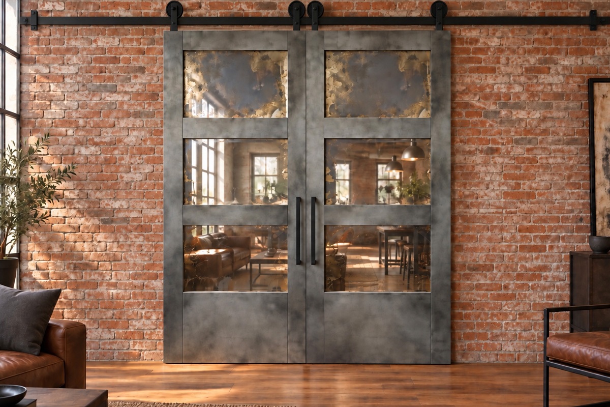 Double zinc barn doors with antique mirror panels on a black track against an exposed brick wall