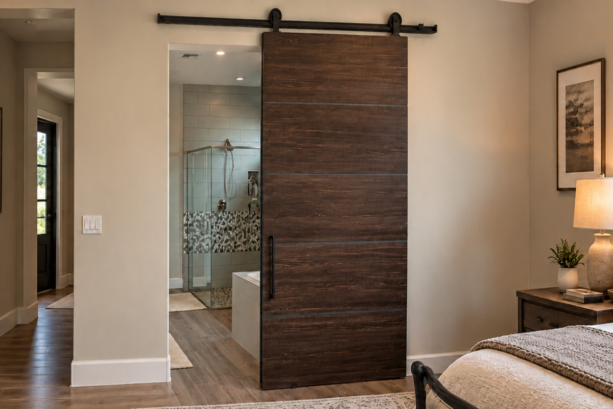 Five panel wood veneer sliding barn door in a bedroom