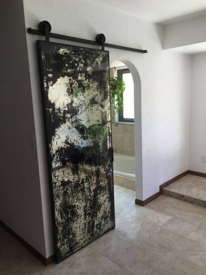 Heavy Antique Single Panel Barn Door Black framed full length mirror sliding barn door