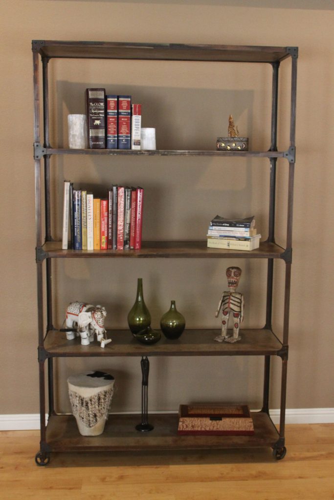 industrial patina-ed steel shelf unit