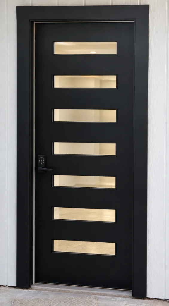 Dark mahogany front door with horizontal clear glass panels
