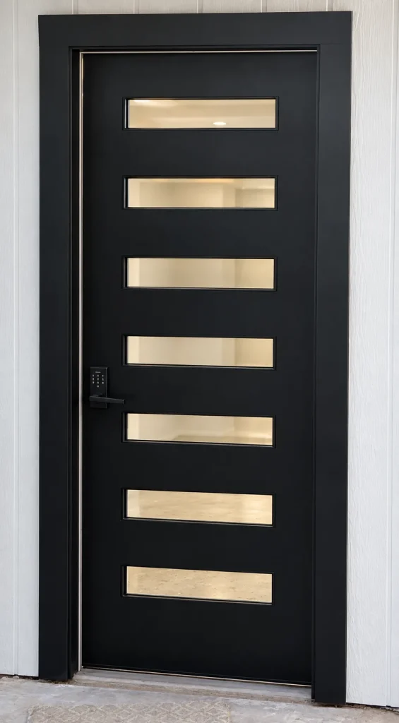 Dark mahogany front door with horizontal clear glass panels