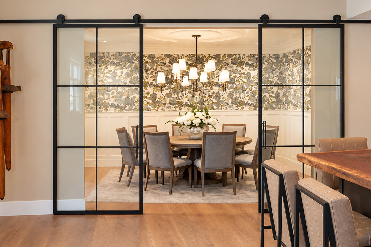 Metal and glass double sliding barn doors with thin black frames into a dining room