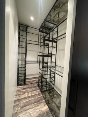 closet storage metal and glass shelves