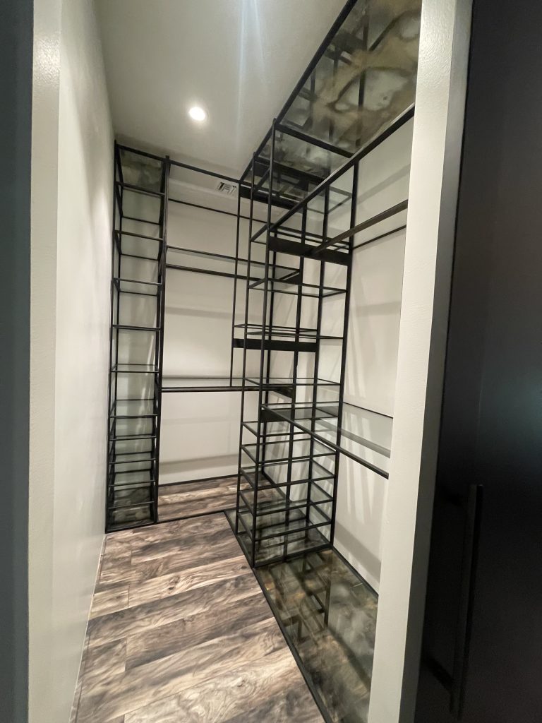 closet storage metal and glass shelves