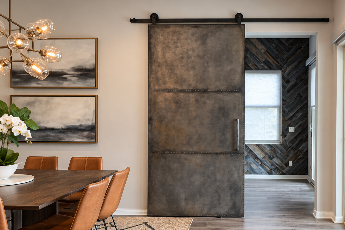 Metal panel sliding barn door with a patina finish in a dining area