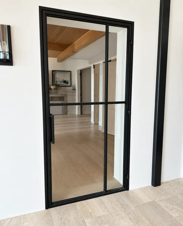 Minimalist black framed metal and glass hinged door in a white wall