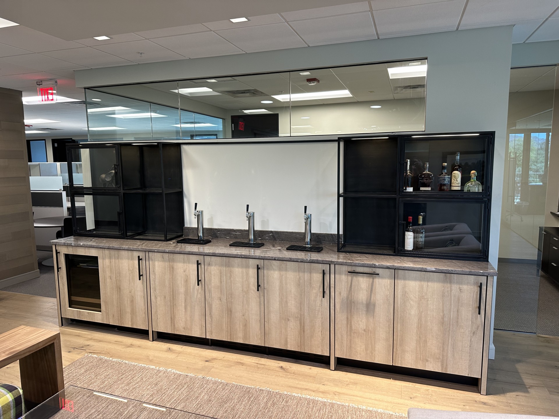 wood veneered cabinets with metal and glass cabinets