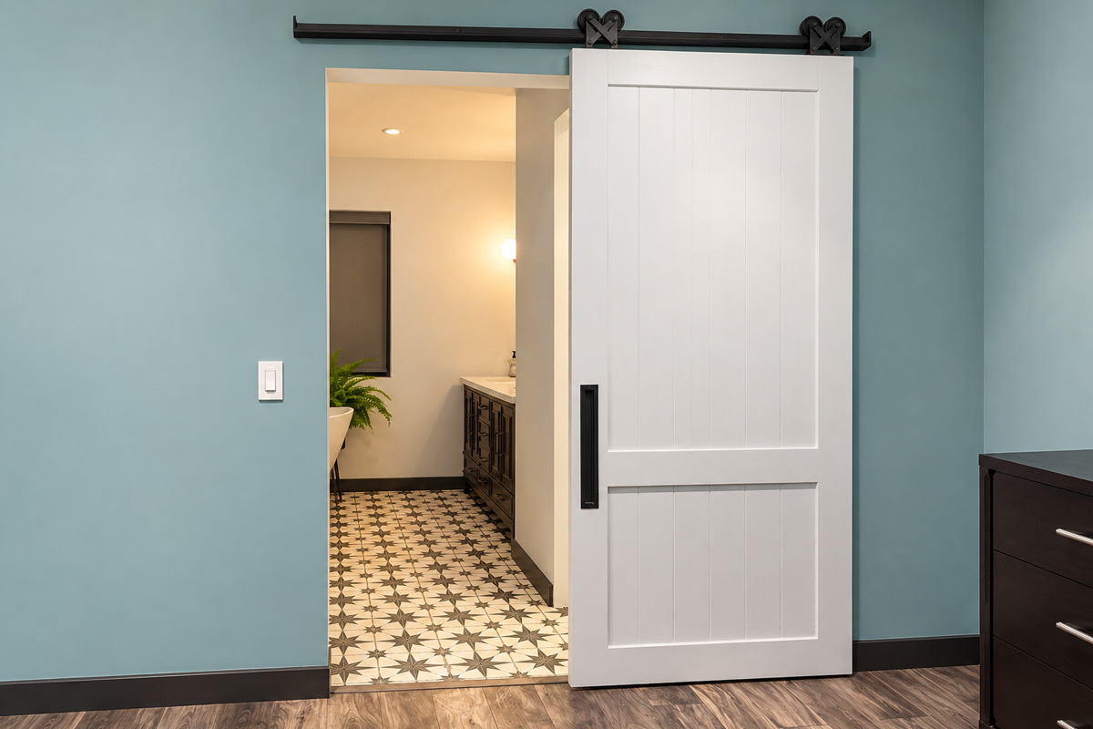 White painted wood barn door with vertical panels and black hardware opening to a bathroom