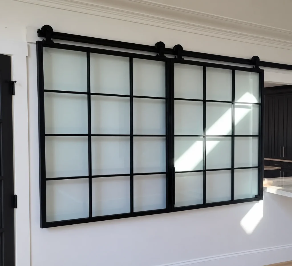 Black metal and frosted glass sliding pass through doors over a kitchen opening