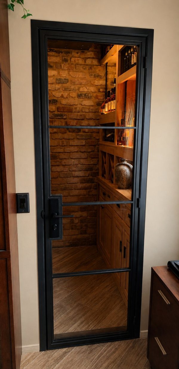 Single Metal and Glass Whiskey Room Door Single black metal and glass whiskey room door with brick wall and shelves inside