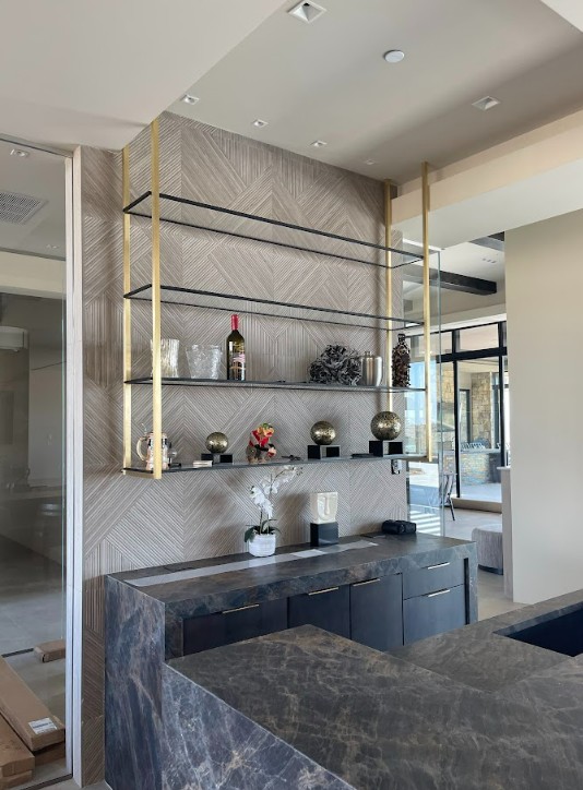 squared brass bistro with black patina accent metal and glass shelves