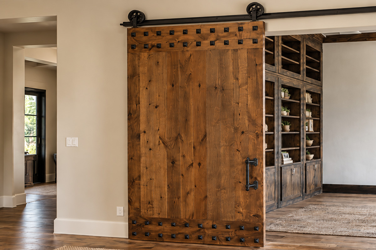 Stained wood barn door with black clavos in a rustic style
