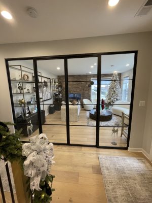 Black steel and glass wall with sidelights and hinged doors into a living room