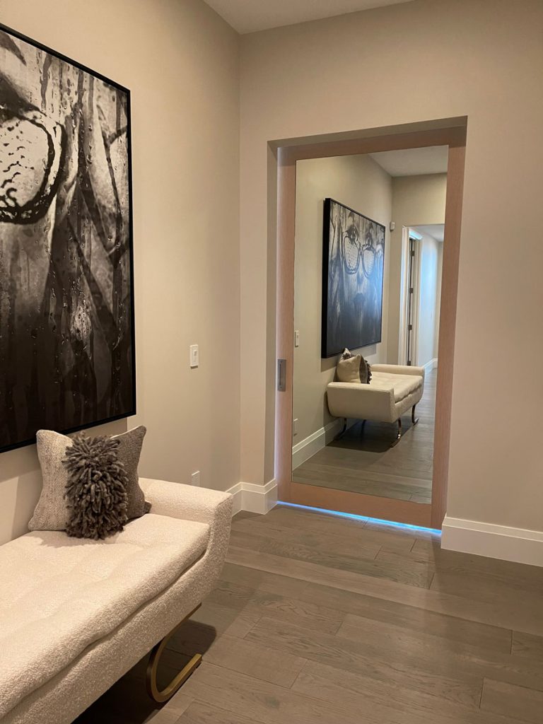 Wood veneer barn door with a mirror inset in a hallway