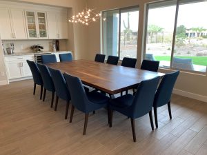 Large Walnut Dining Table Large walnut dining table with a custom metal base and blue dining chairs