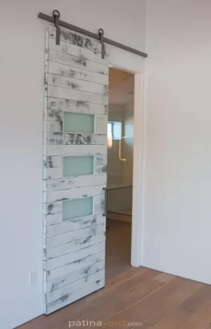 weathered white barn doors with satin glass