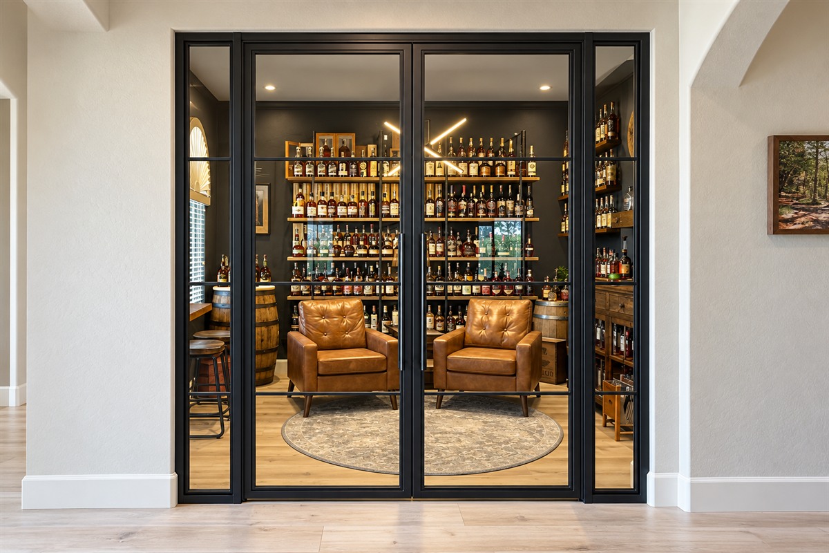 Metal and glass whiskey room doors with sidelights showing a bottle collection