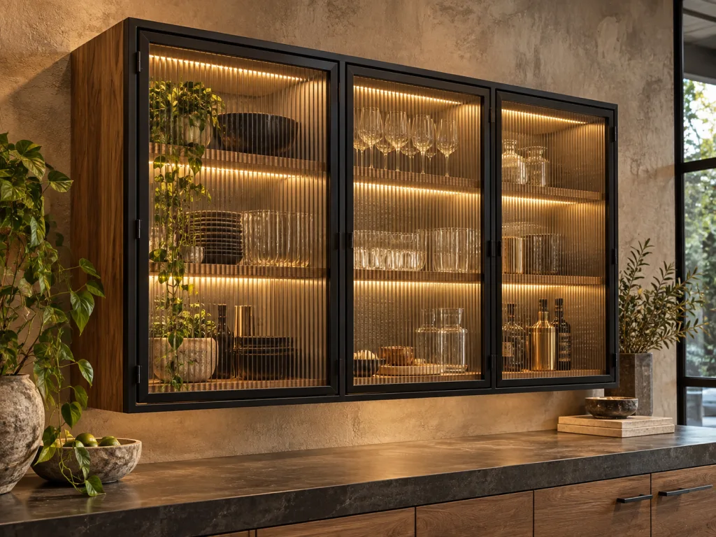 wood cabinet with metal doors