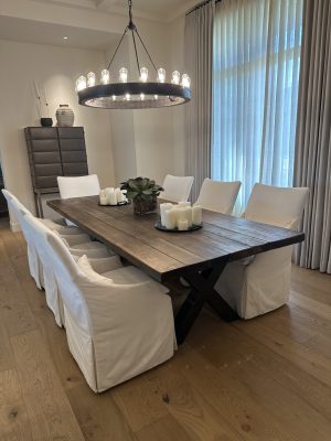 Farmhouse Wood Dining Table Top Reclaimed wood farmhouse dining table with white slipcovered chairs